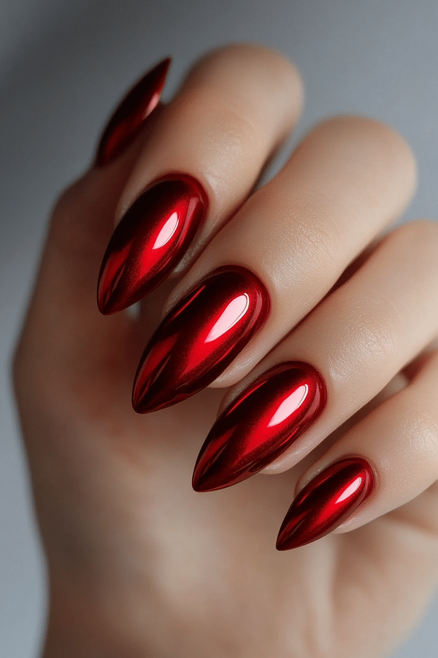 18. Metallic Rose Red (Red Nail Design Ideas) - Red Nail Design Ideas