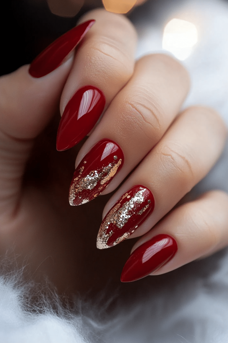 26. Classic Red with Gold Foil (Red Nail Design Ideas) - Red Nail Design Ideas