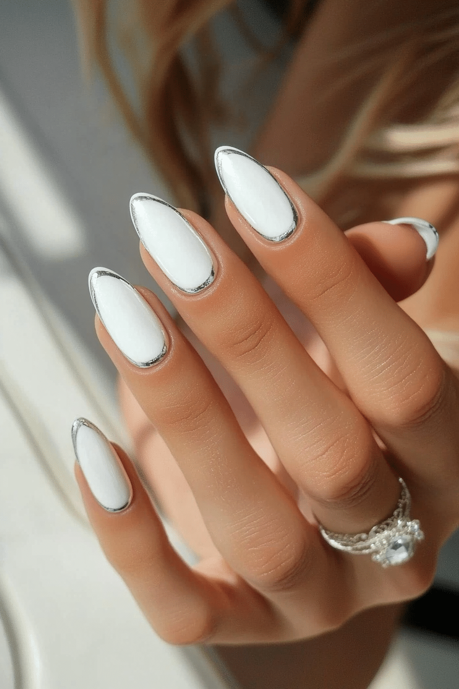 17. Silver Lined Elegance (White Nail Design Ideas) - White Nail Design Ideas