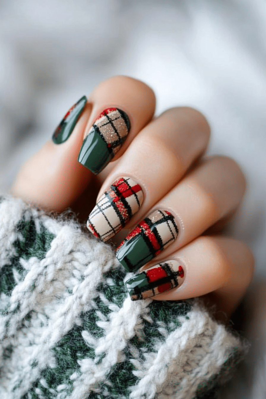 5. Plaid Perfection (Green Christmas Nail Design Ideas) - Green Christmas Nail Design Ideas