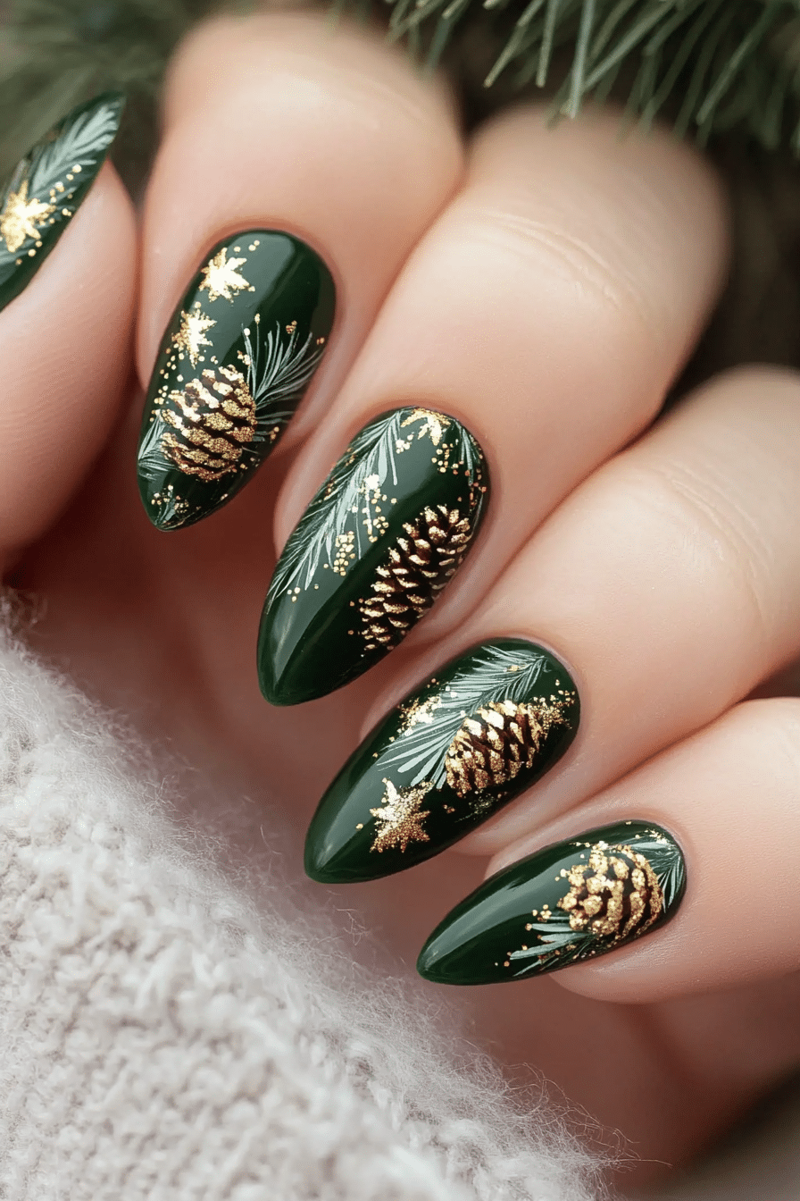 6. Golden Pinecones (Green Christmas Nail Design Ideas) - Green Christmas Nail Design Ideas