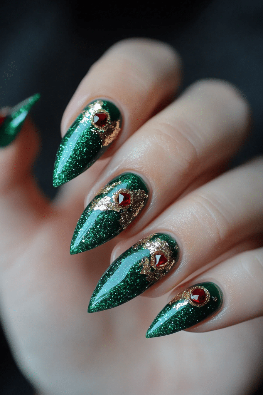12. Jewel-Toned Christmas (Green Christmas Nail Design Ideas) - Green Christmas Nail Design Ideas