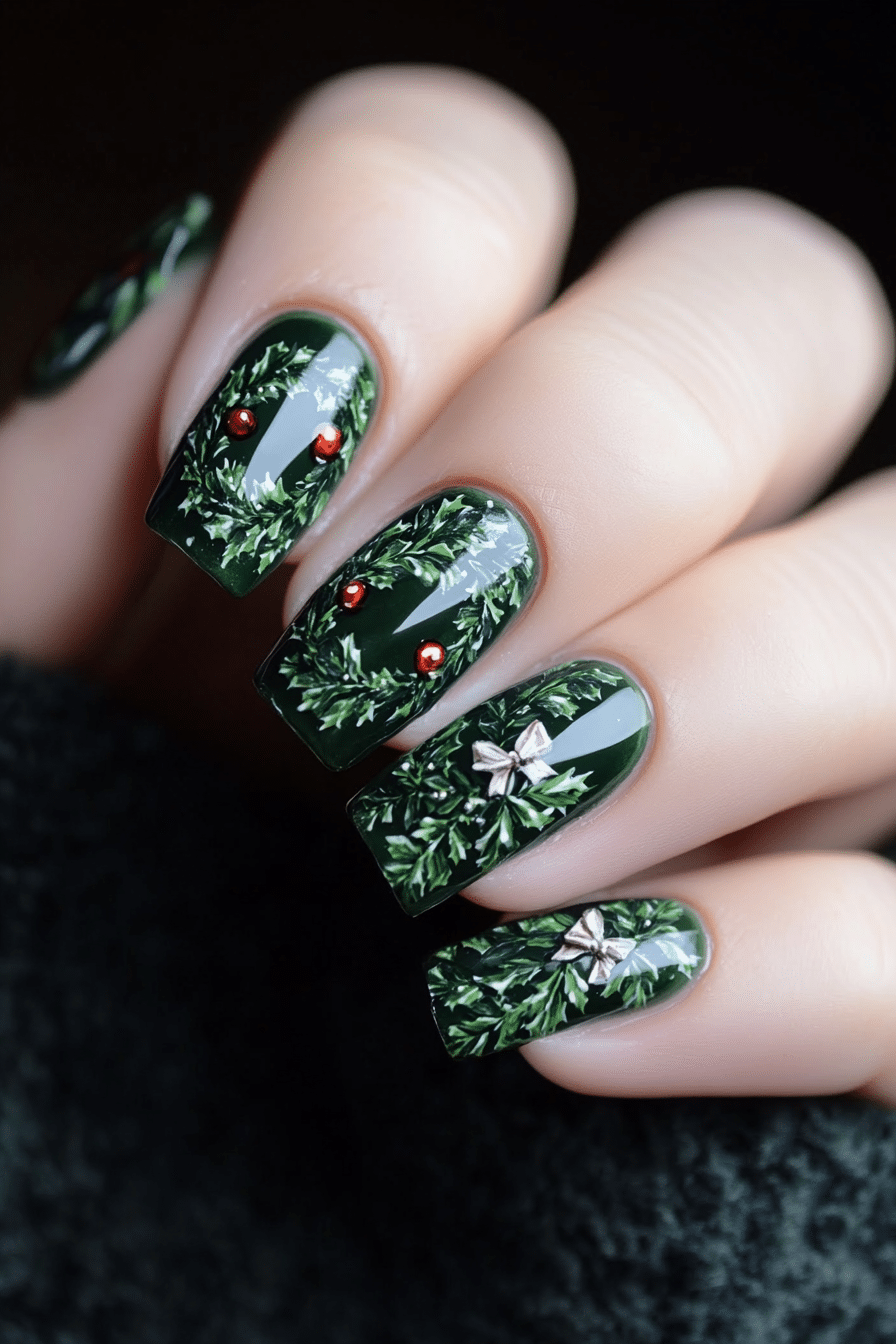 21. Wreath Wonder (Green Christmas Nail Design Ideas) - Green Christmas Nail Design Ideas