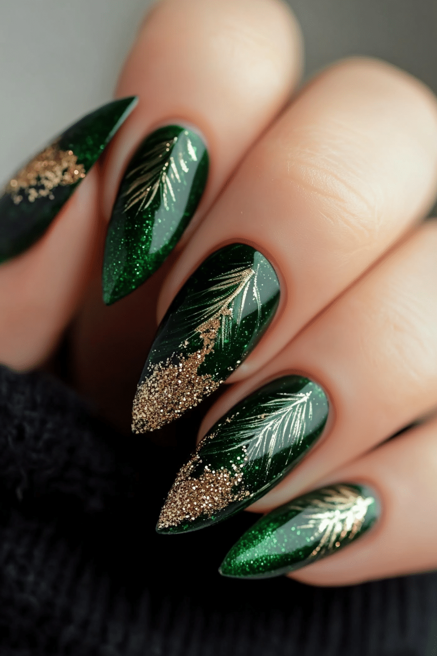 22. Shimmering Pine Needles (Green Christmas Nail Design Ideas) - Green Christmas Nail Design Ideas