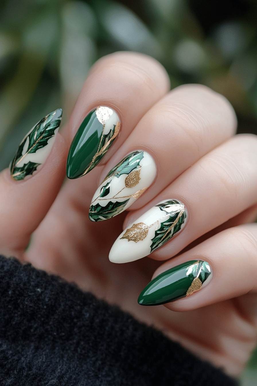 25. Gilded Holly (Green Christmas Nail Design Ideas) - Green Christmas Nail Design Ideas