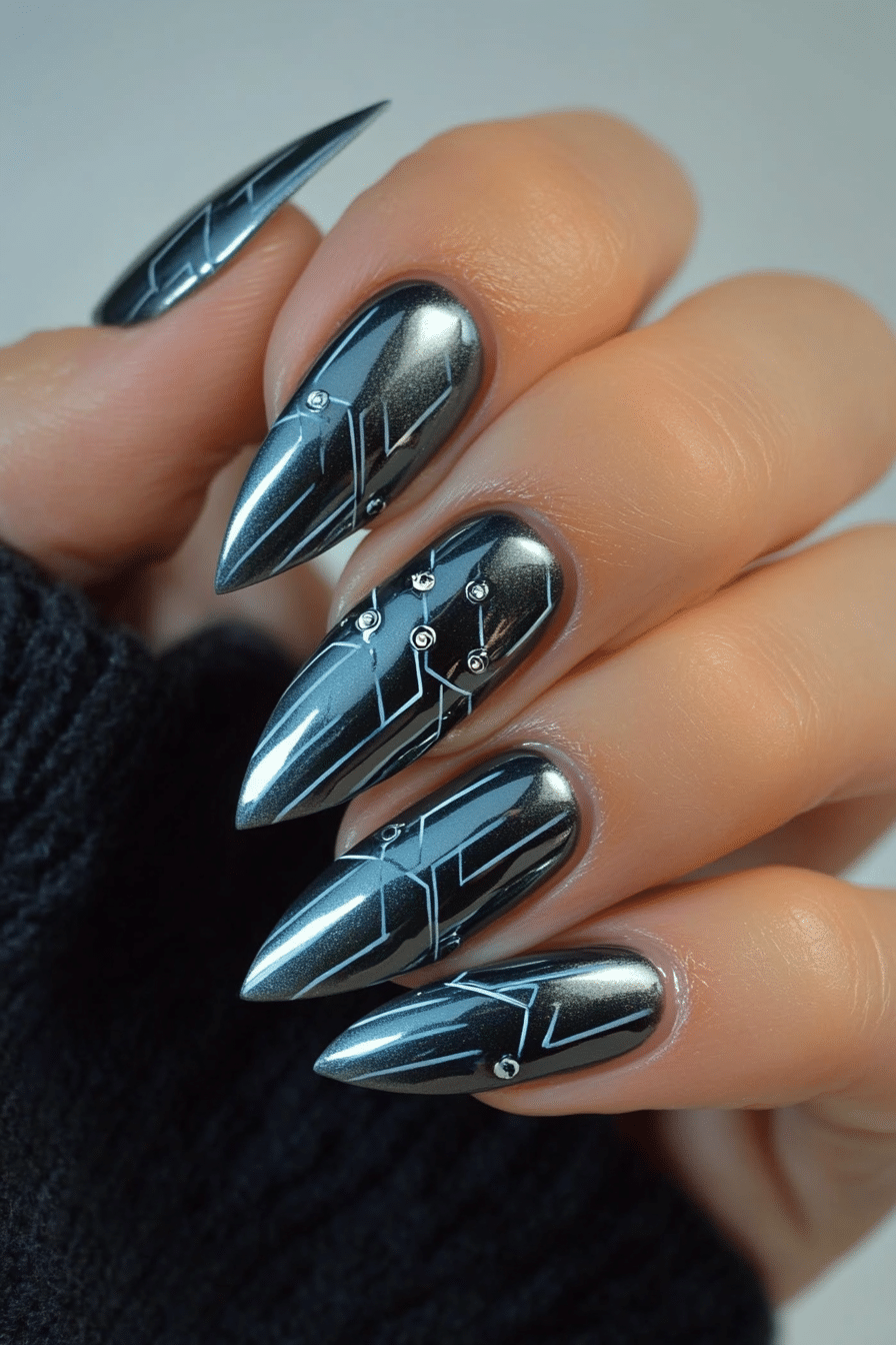 11. Chrome Circuit (Lines Nail Design Ideas) - Lines Nail Design Ideas