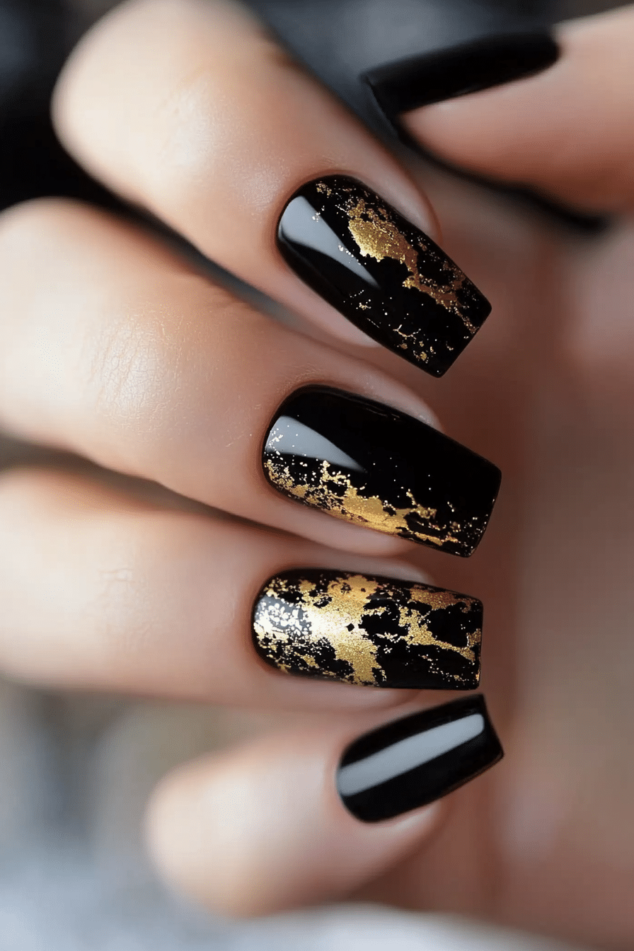 3. Black and Gold Foil Fusion (Black Nail Design Ideas) - Black Nail Design Ideas