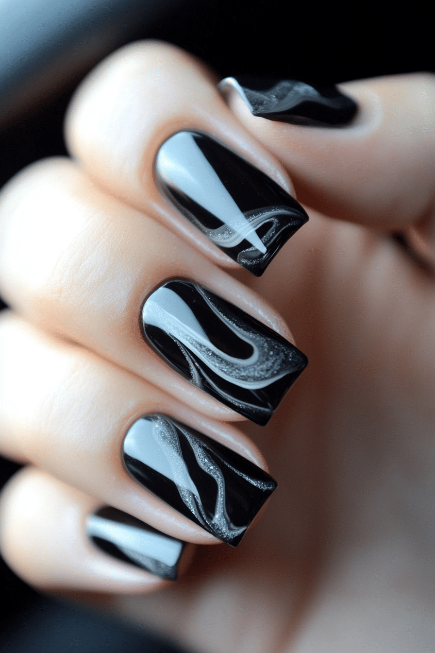 4. Charcoal Smoke Marble (Black Nail Design Ideas) - Black Nail Design Ideas