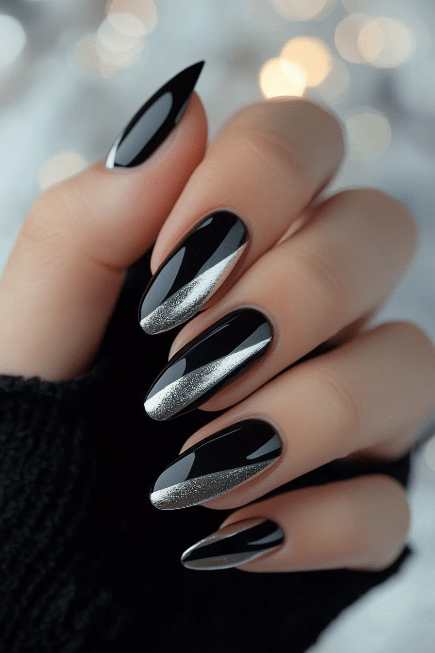 7. Silver Streak Glam (Black Nail Design Ideas) - Black Nail Design Ideas