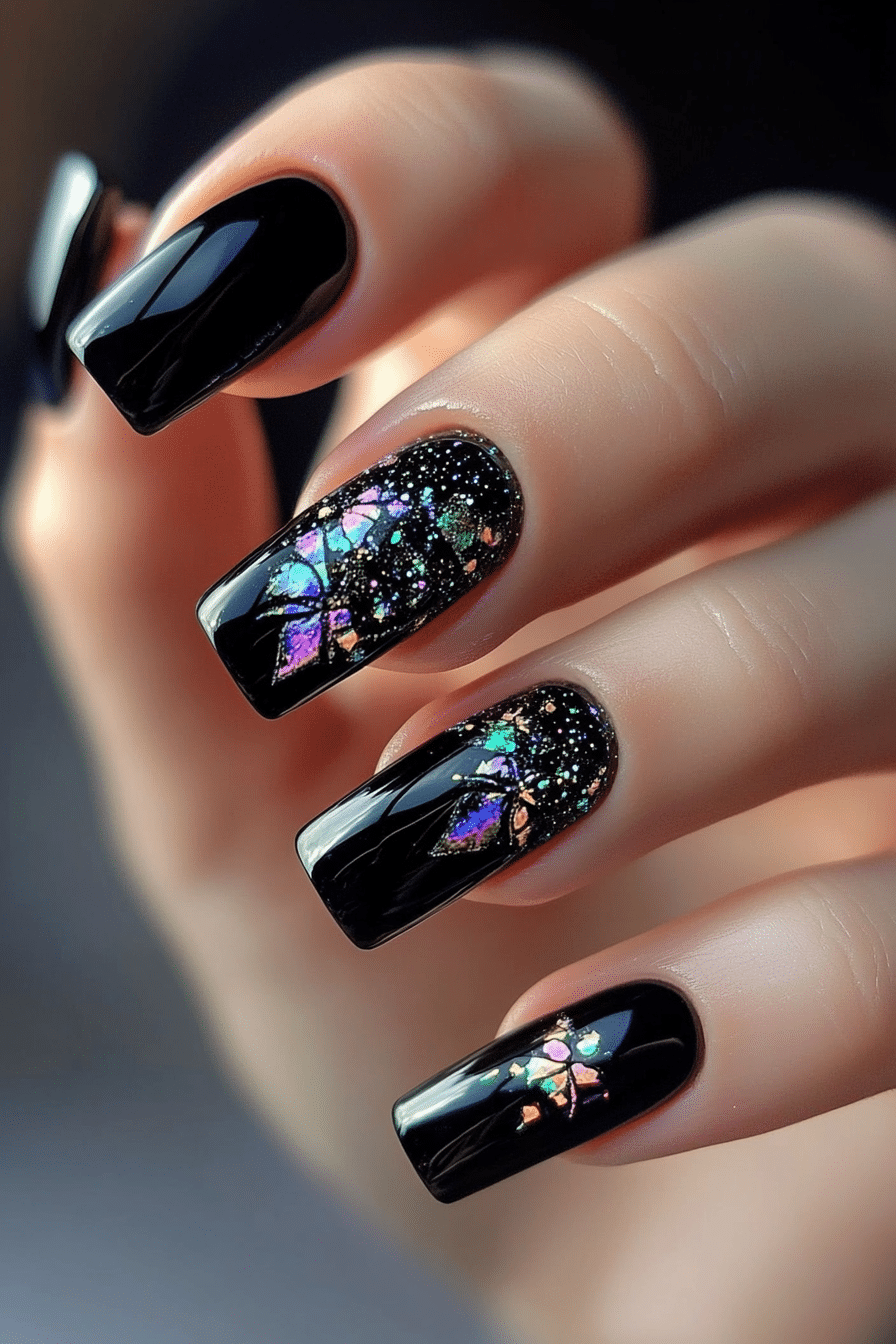 13. Opalescent Black Magic (Black Nail Design Ideas) - Black Nail Design Ideas