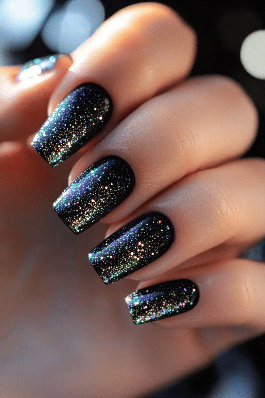 15. Holographic Black Sparkle (Black Nail Design Ideas) - Black Nail Design Ideas