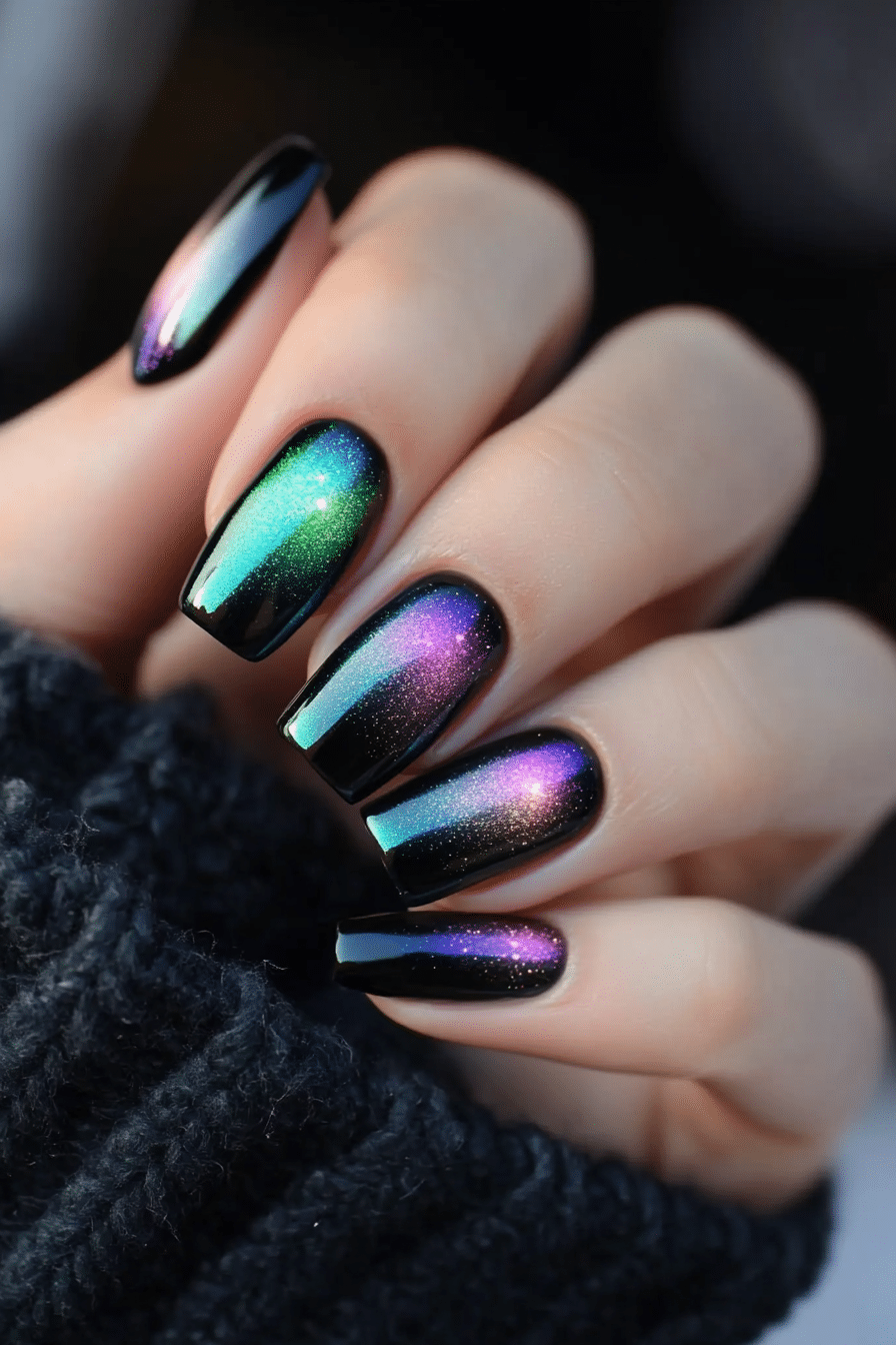 20. Midnight Aurora Borealis (Black Nail Design Ideas) - Black Nail Design Ideas