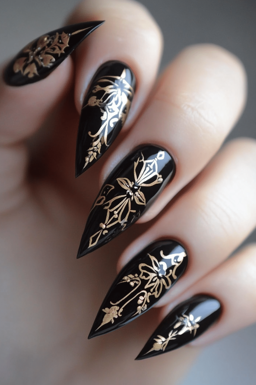 22. Gilded Gothic (Black Nail Design Ideas) - Black Nail Design Ideas