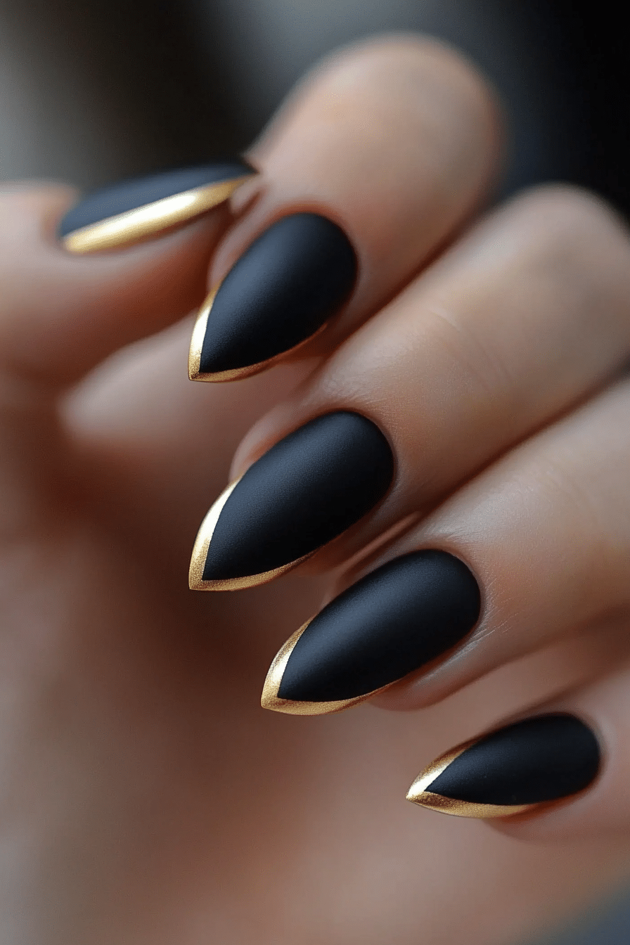 23. Black Matte with Gold Tips (Black Nail Design Ideas) - Black Nail Design Ideas