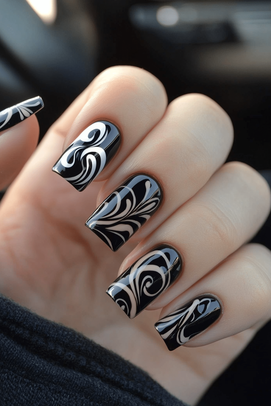 25. Black Abstract Swirls (Black Nail Design Ideas) - Black Nail Design Ideas