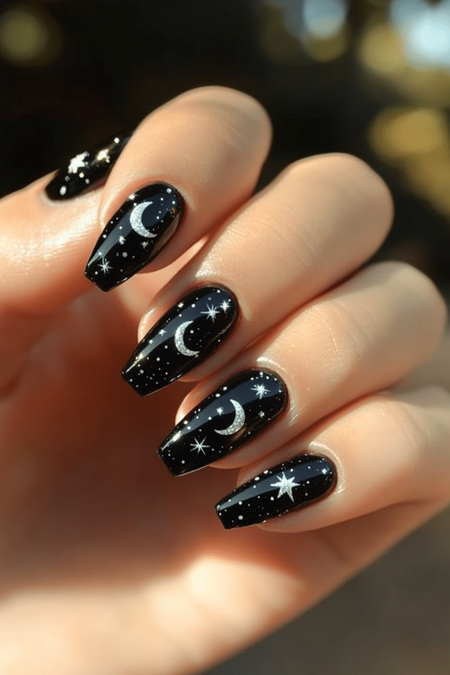 26. Crescent Moon Charm (Black Nail Design Ideas) - Black Nail Design Ideas