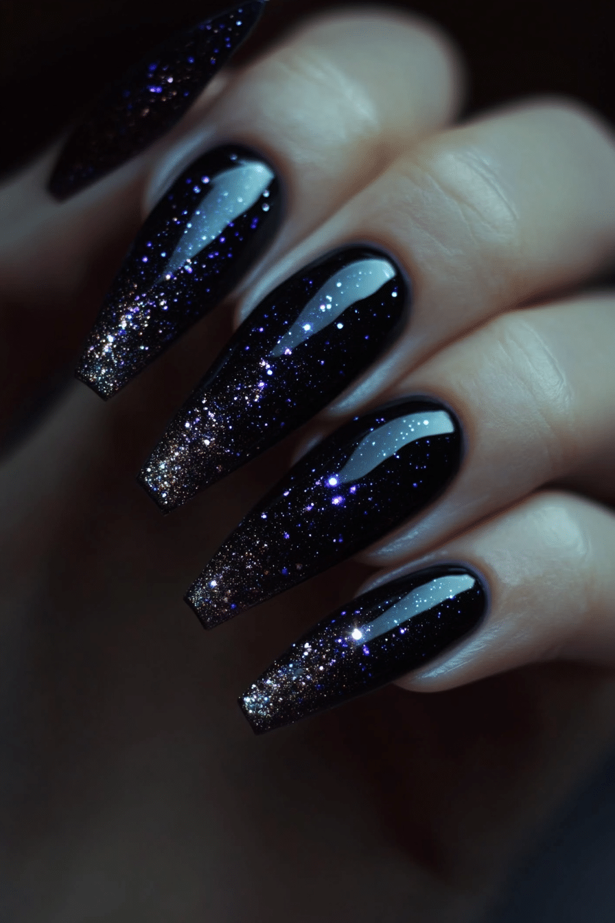 3. Galaxy Stardust (Dark Coffin Nail Design Ideas) - Dark Coffin Nail Design Ideas