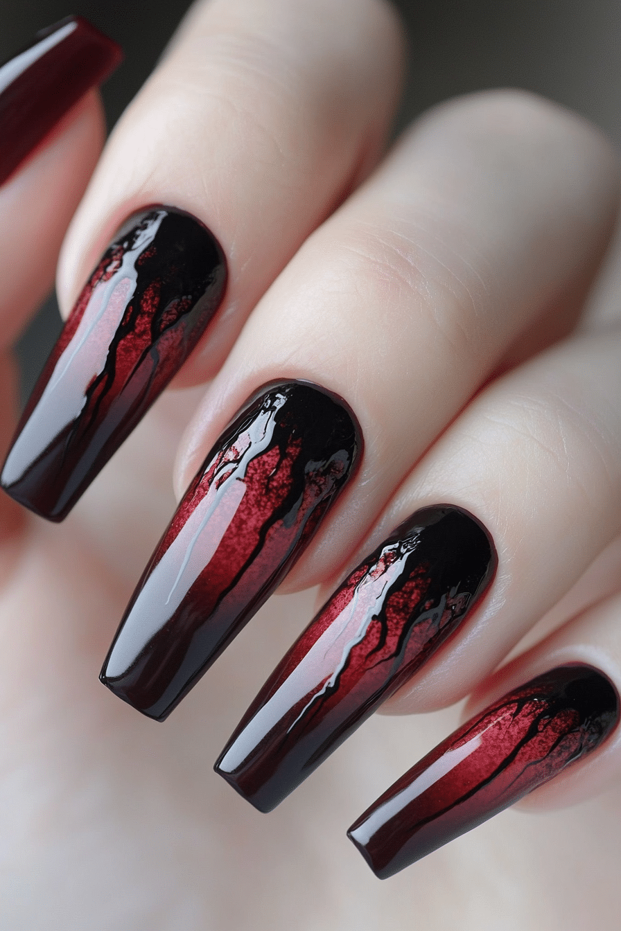 7. Gothic Burgundy Drip (Dark Coffin Nail Design Ideas) - Dark Coffin Nail Design Ideas