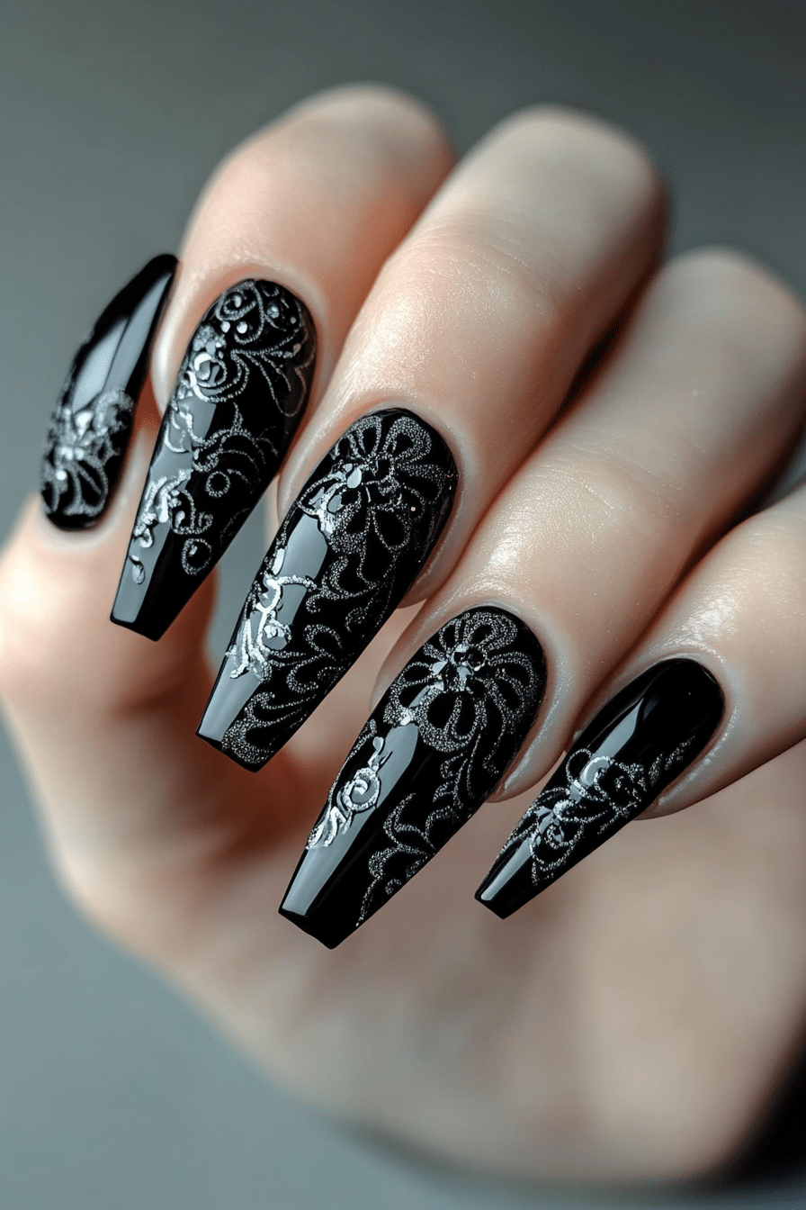 9. Black Lace Accent (Dark Coffin Nail Design Ideas) - Dark Coffin Nail Design Ideas
