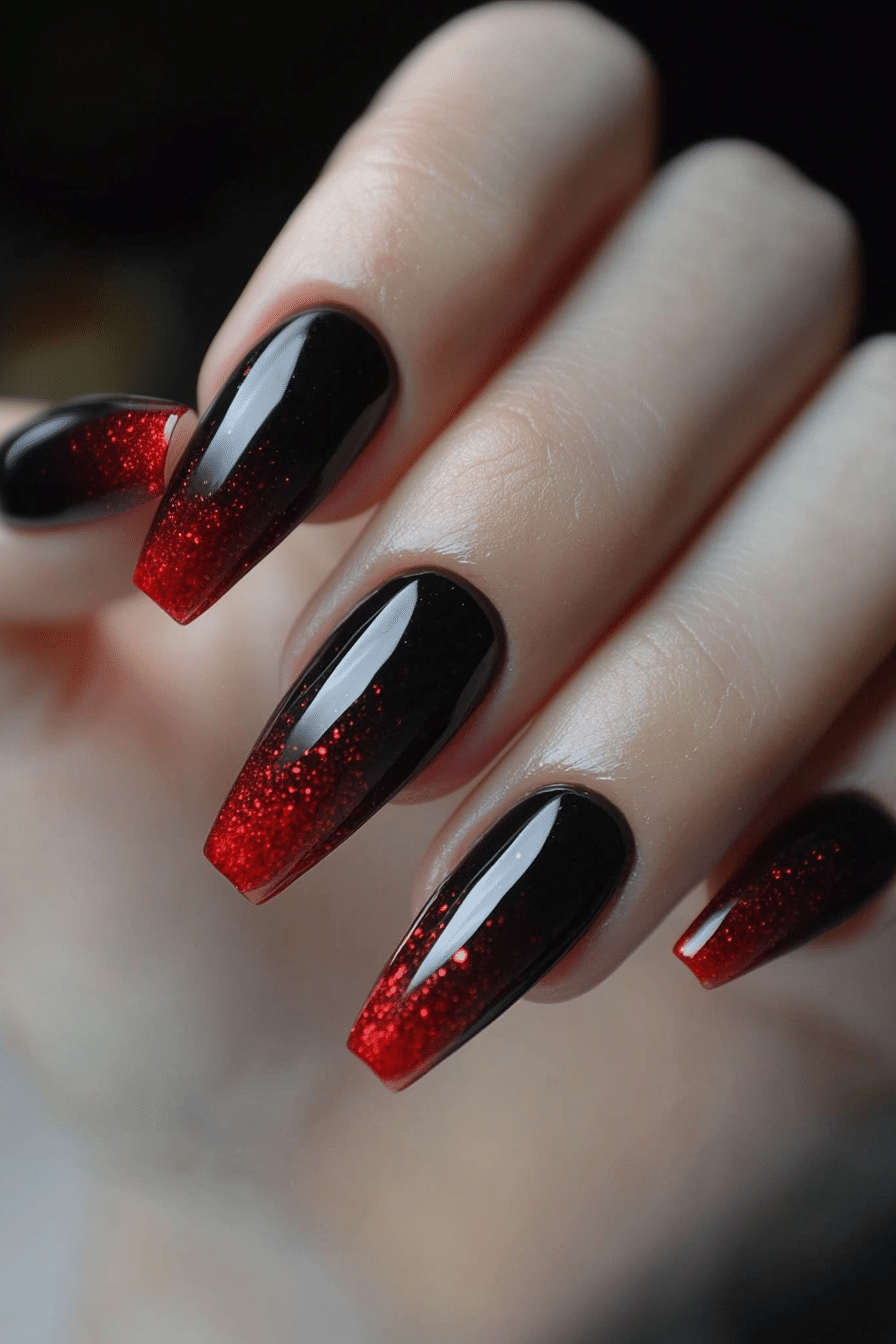 10. Blood Moon Red & Black (Dark Coffin Nail Design Ideas) - Dark Coffin Nail Design Ideas