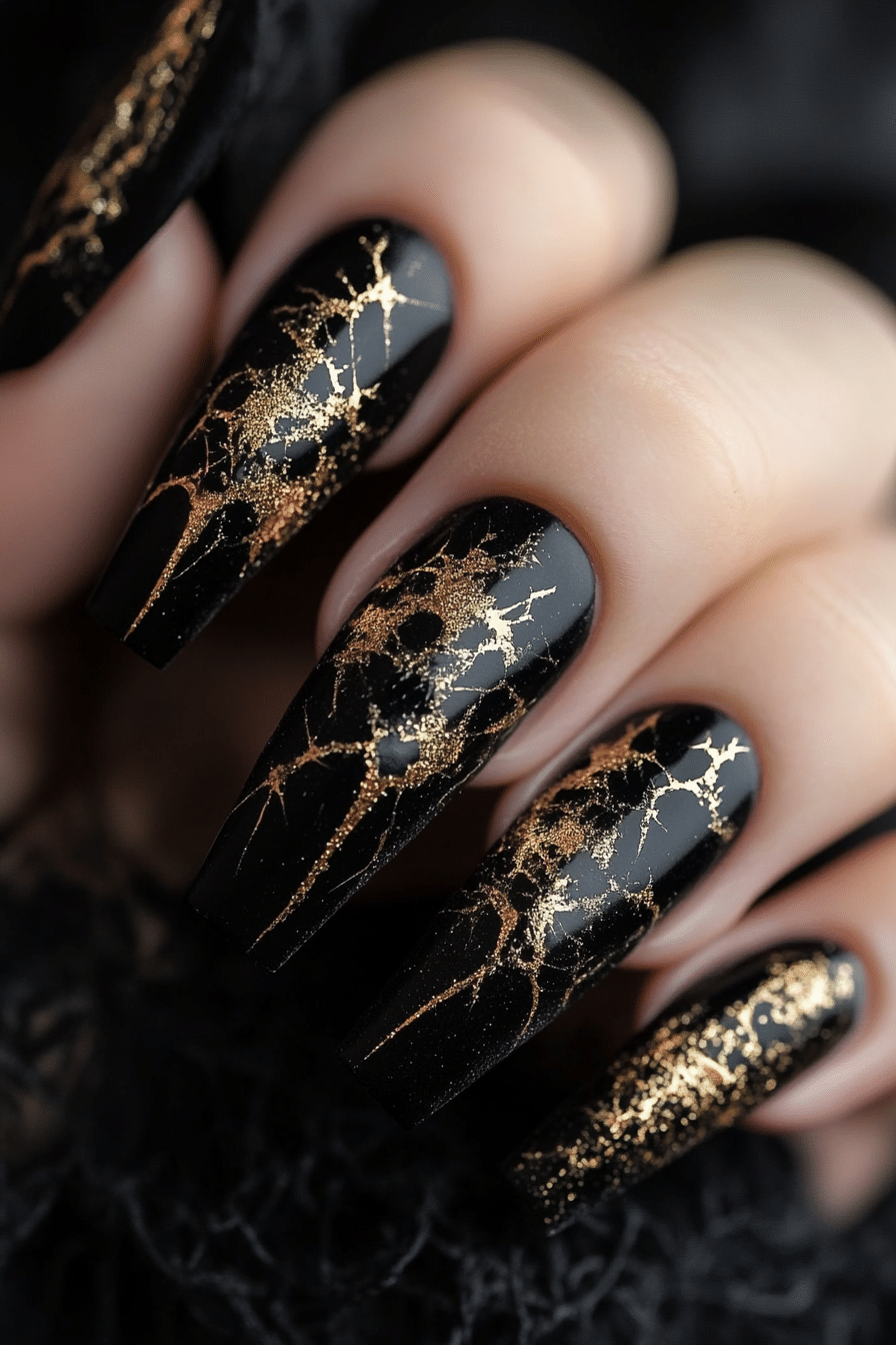 14. Gilded Gothic Black (Dark Coffin Nail Design Ideas) - Dark Coffin Nail Design Ideas