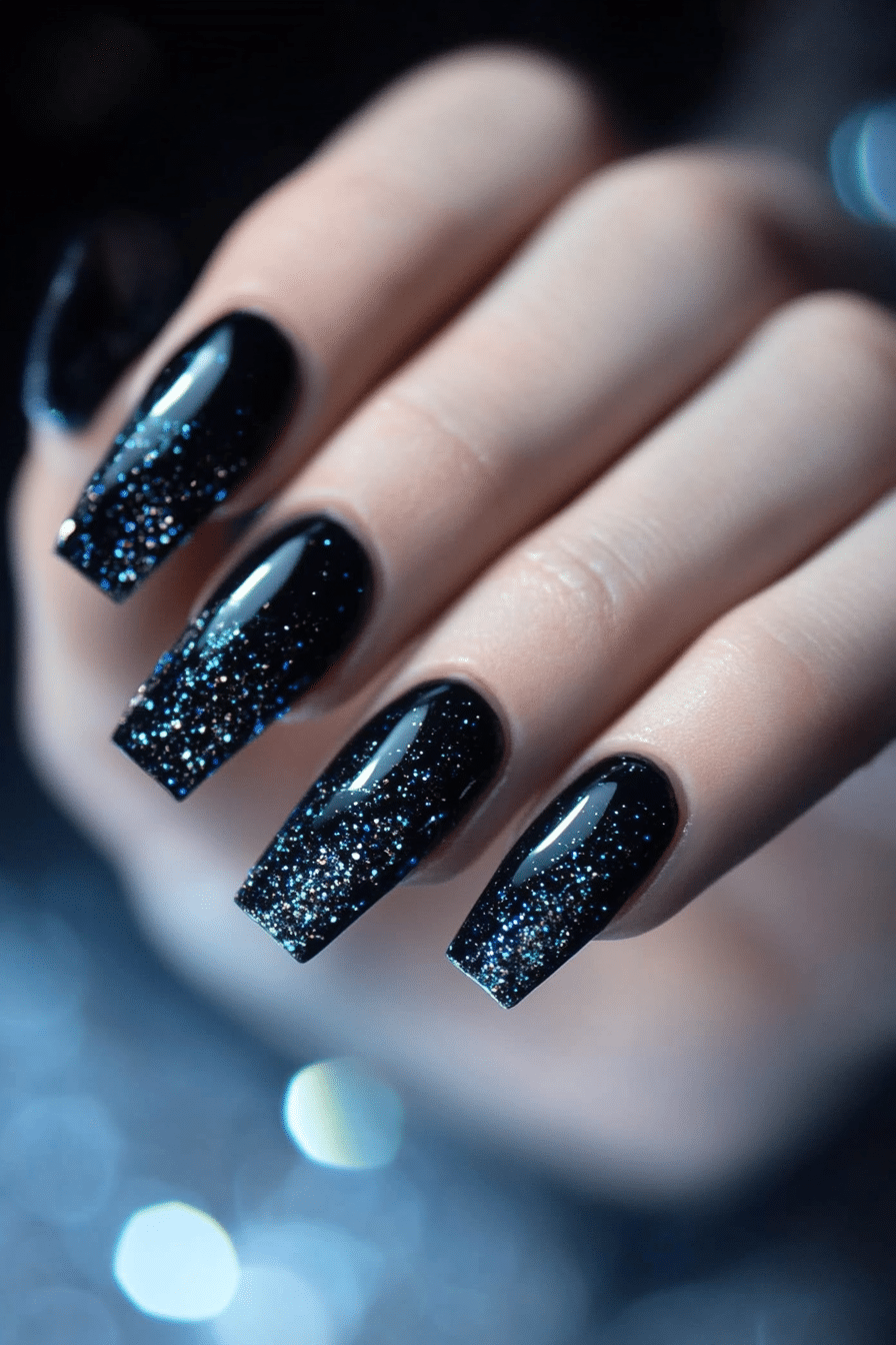 15. Twilight Spark Shimmer (Dark Coffin Nail Design Ideas) - Dark Coffin Nail Design Ideas