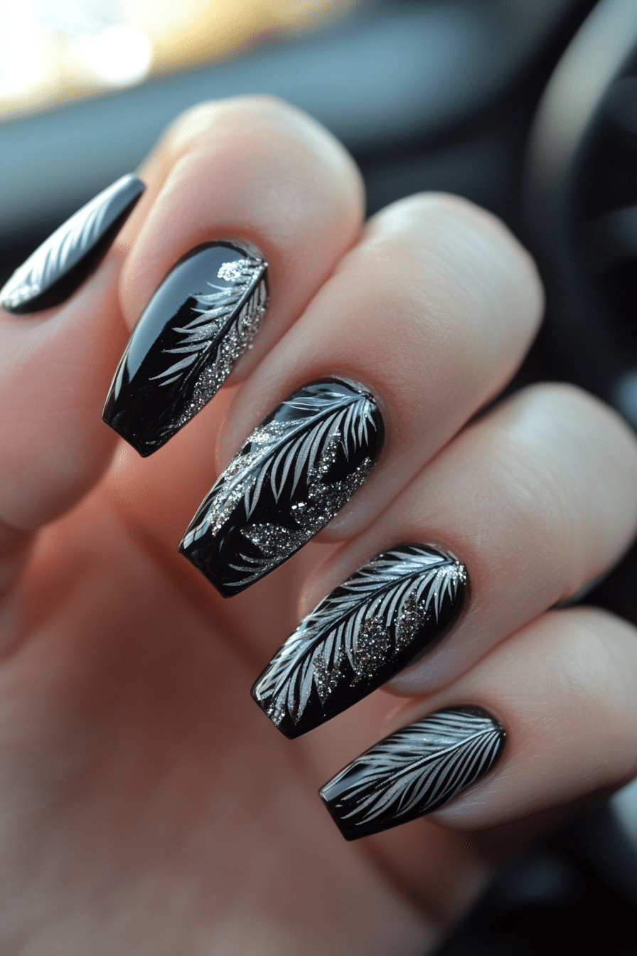 16. Raven Feather Art (Dark Coffin Nail Design Ideas) - Dark Coffin Nail Design Ideas