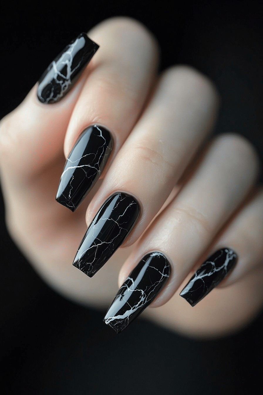 17. Graphite Marble Elegance (Dark Coffin Nail Design Ideas) - Dark Coffin Nail Design Ideas