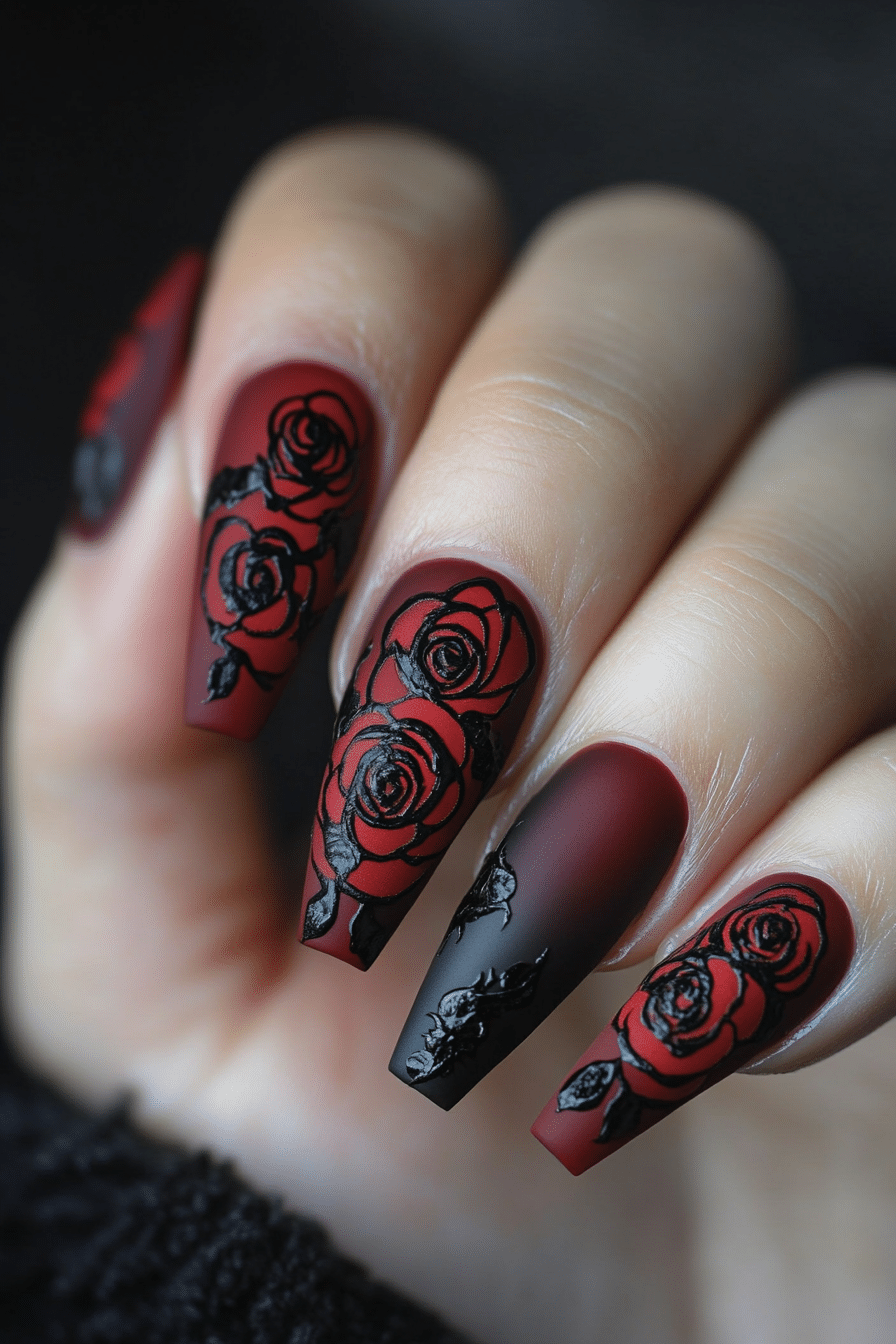 19. Dark Velvet Rose (Dark Coffin Nail Design Ideas) - Dark Coffin Nail Design Ideas