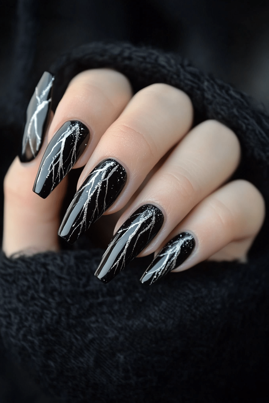 20. Obsidian and Silver Flare (Dark Coffin Nail Design Ideas) - Dark Coffin Nail Design Ideas