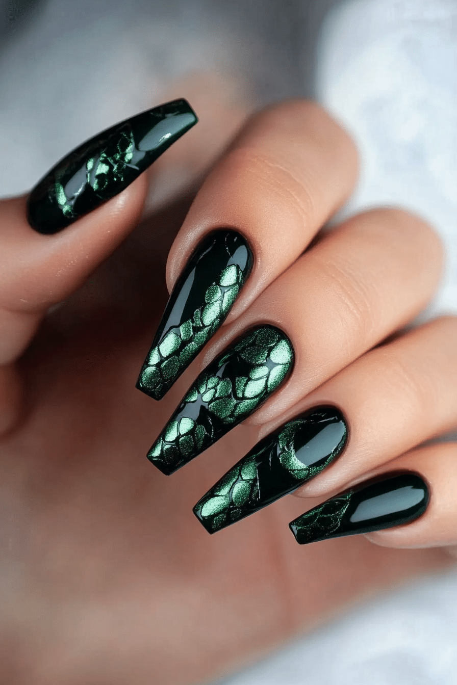 23. Serpent’s Emerald Scales (Dark Coffin Nail Design Ideas) - Dark Coffin Nail Design Ideas
