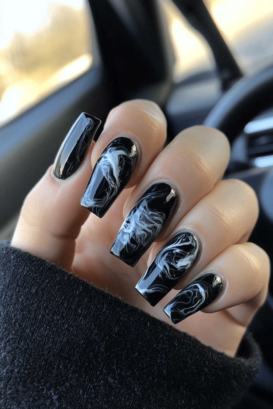 24. Mystic Smoke Black & Gray (Dark Coffin Nail Design Ideas) - Dark Coffin Nail Design Ideas