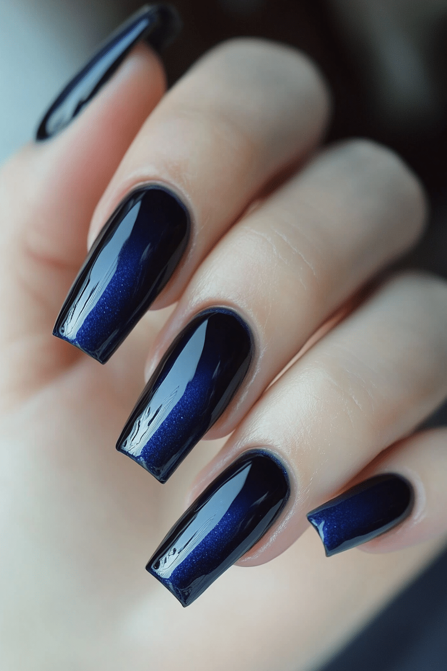 25. Sapphire Nightfall (Dark Coffin Nail Design Ideas) - Dark Coffin Nail Design Ideas