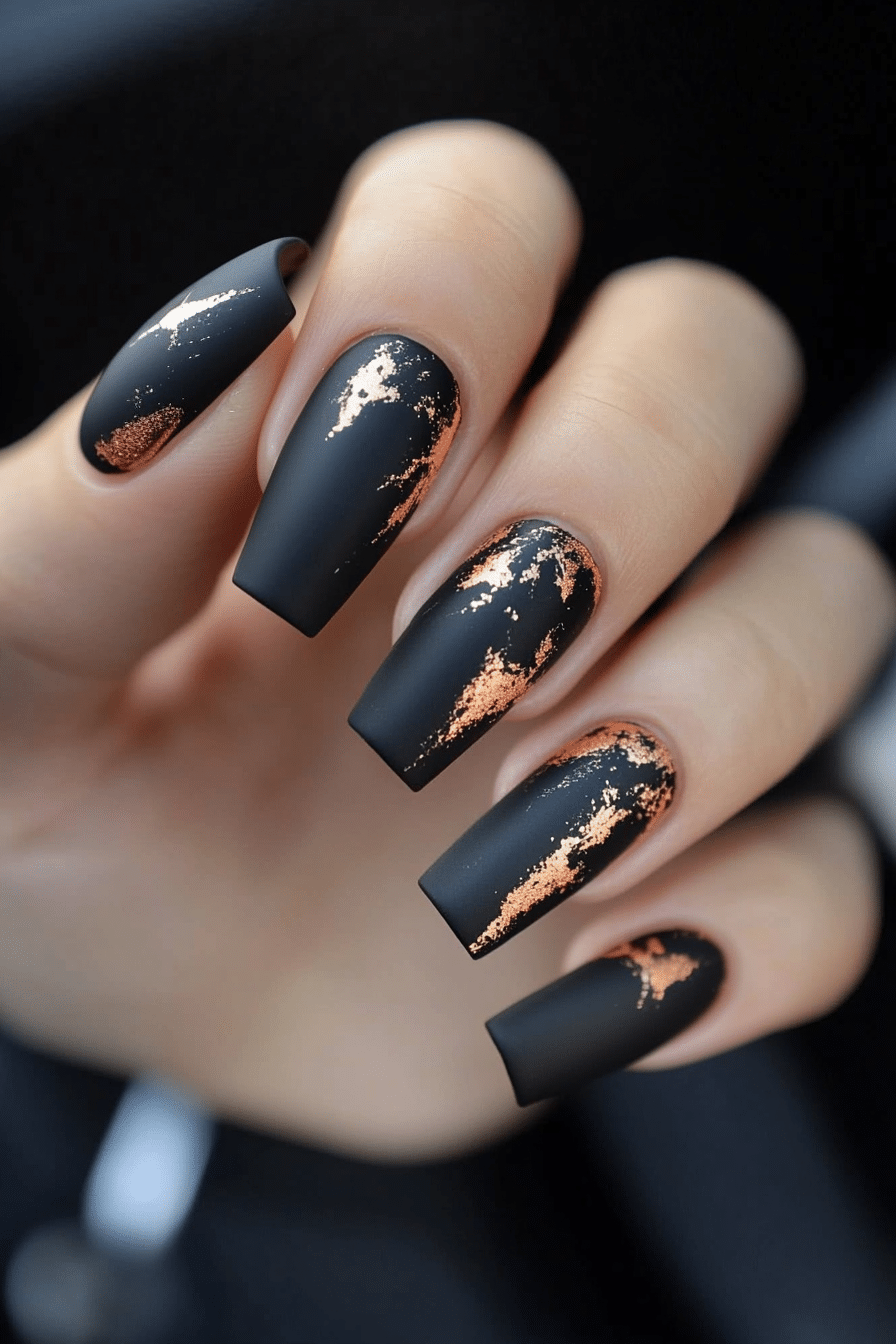 26. Midnight Rose Gold Foil (Dark Coffin Nail Design Ideas) - Dark Coffin Nail Design Ideas