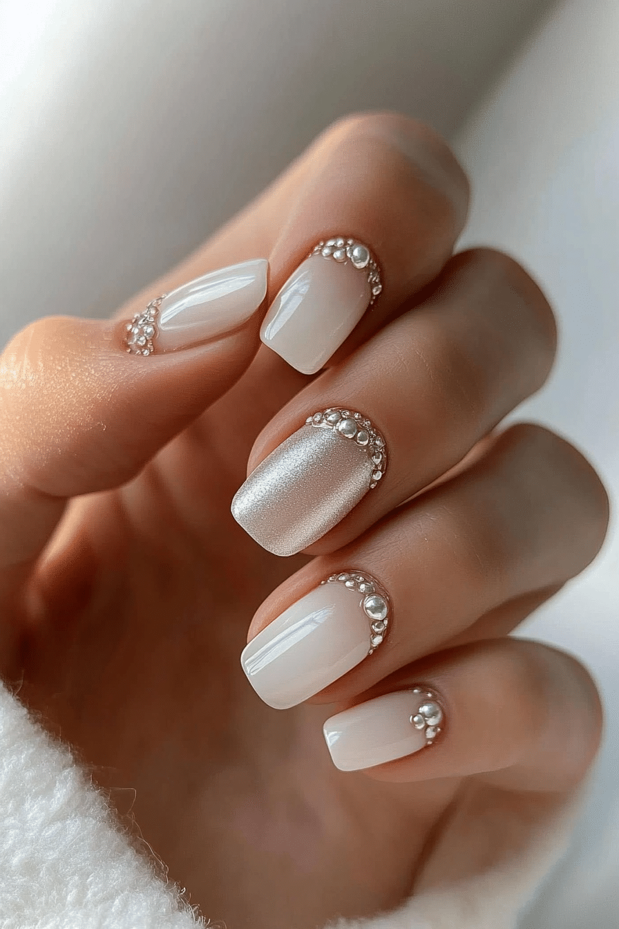 26. Floating Silver Beads (Minimalistic Nail Design Ideas) - Minimalistic Nail Design Ideas