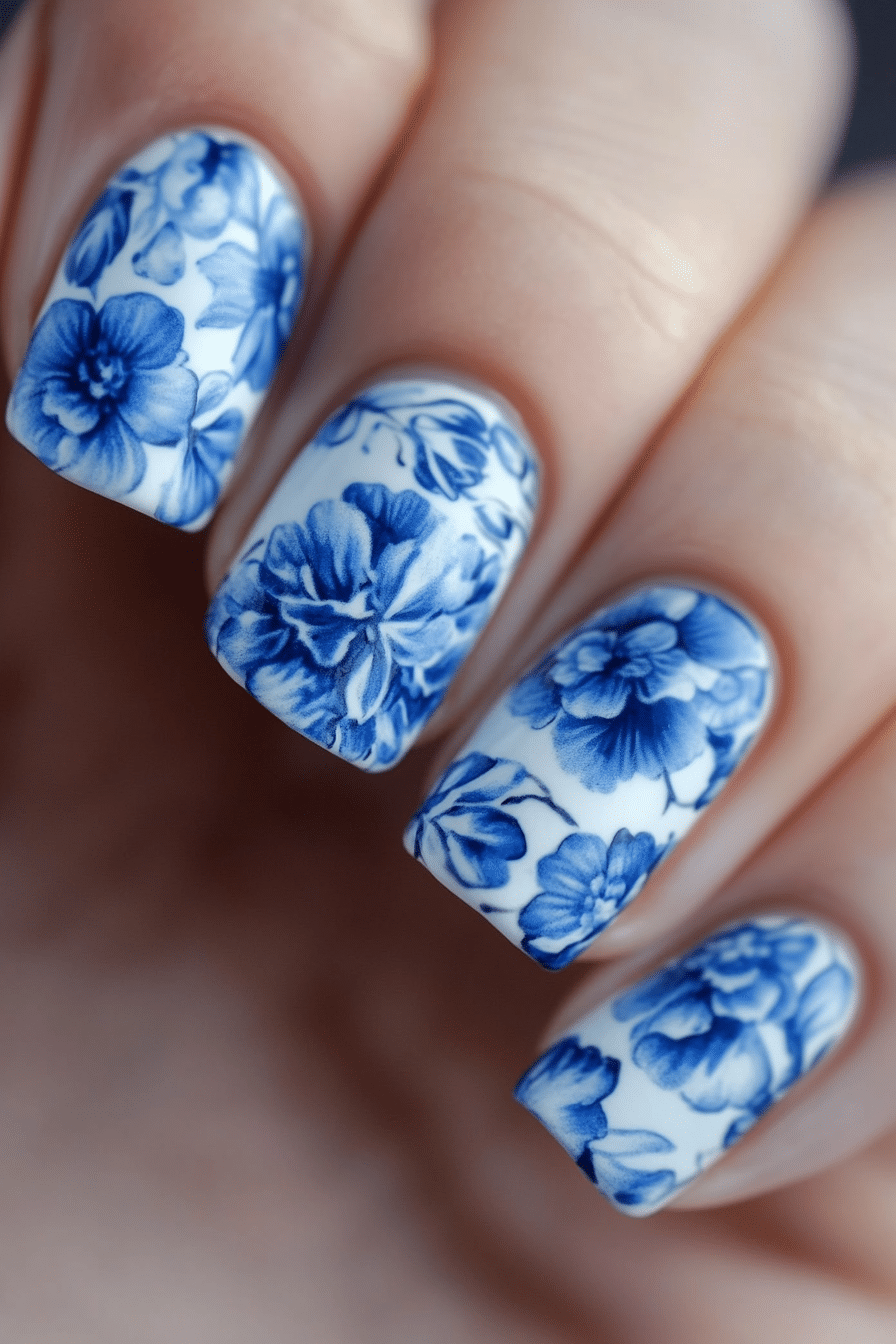 19. Porcelain Blue Flowers (Blue Nail Design Ideas) - Blue Nail Design Ideas