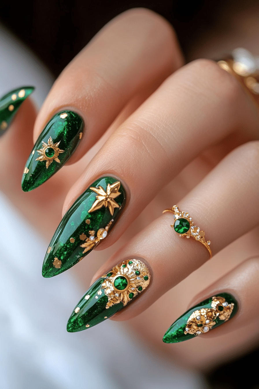 5. Emerald & Gold Embellishments (Nail Design Ideas With Gold) - Nail Design Ideas With Gold