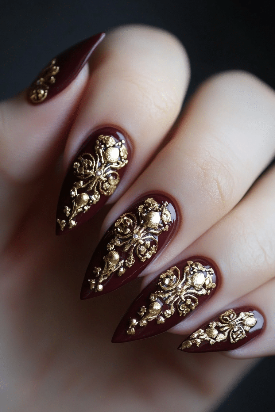 13. Baroque Gold & Burgundy (Nail Design Ideas With Gold) - Nail Design Ideas With Gold