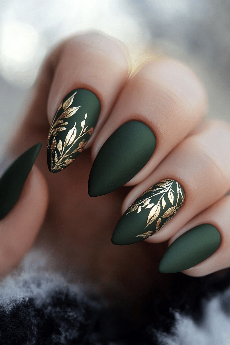 18. Matte Gold Leaf on Olive Green (Nail Design Ideas With Gold) - Nail Design Ideas With Gold
