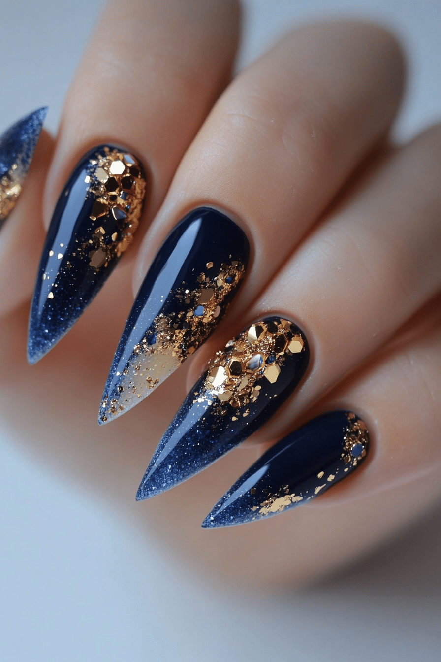 19. Sapphire & Gold Royalty (Nail Design Ideas With Gold) - Nail Design Ideas With Gold