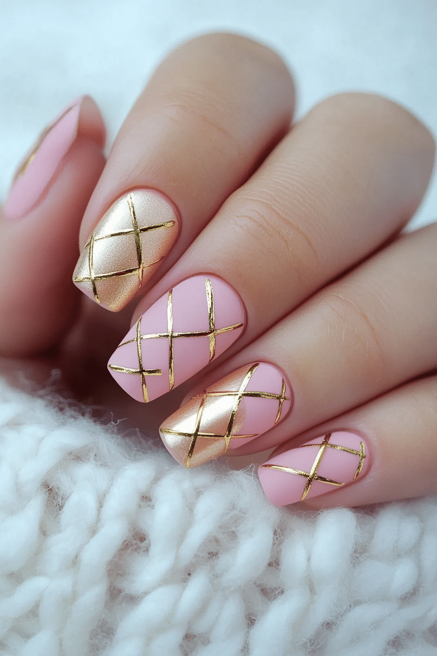 21. Gold Lattice Design on Soft Blush (Nail Design Ideas With Gold) - Nail Design Ideas With Gold
