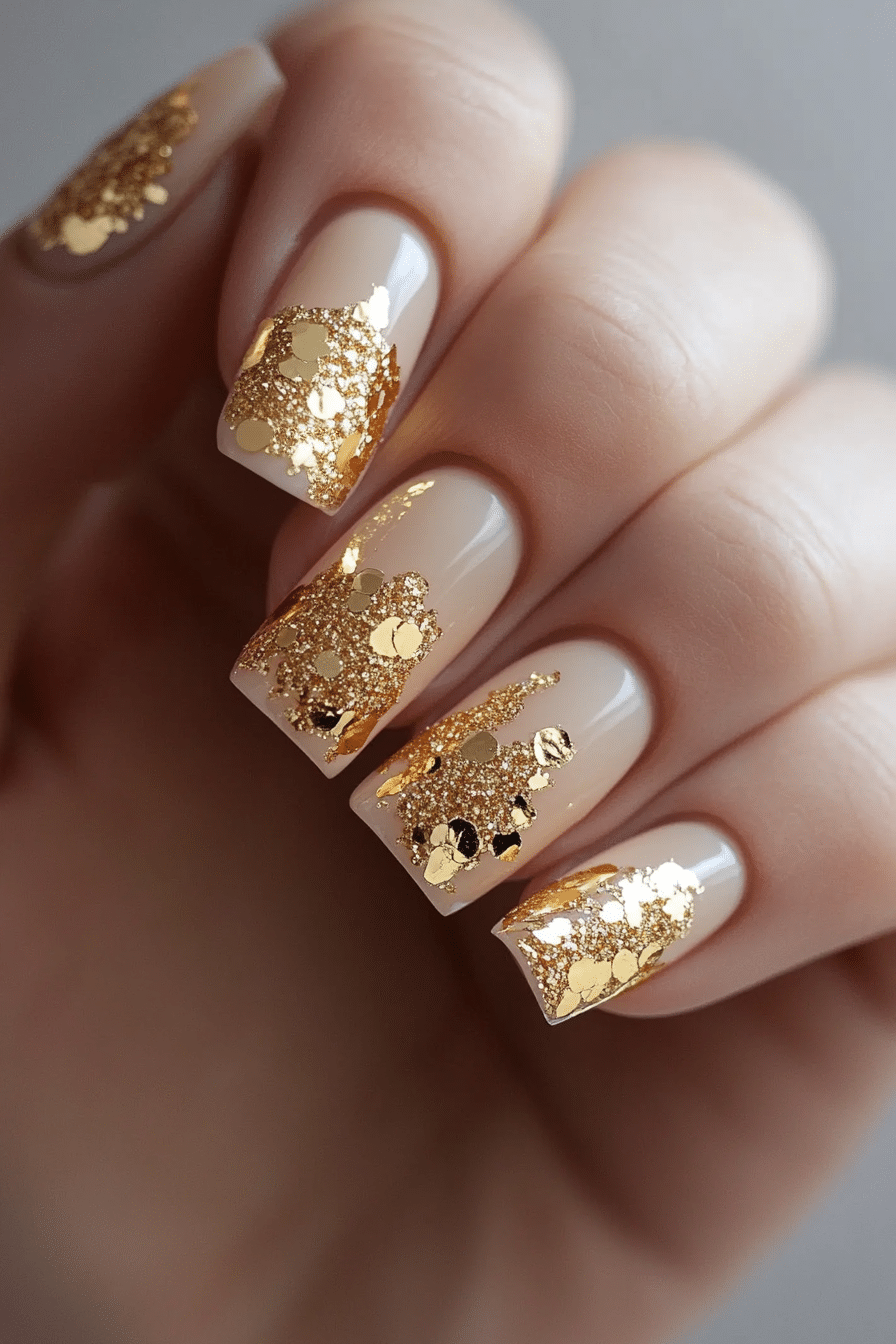 24. Shimmering Topaz & Gold Flakes (Nail Design Ideas With Gold) - Nail Design Ideas With Gold