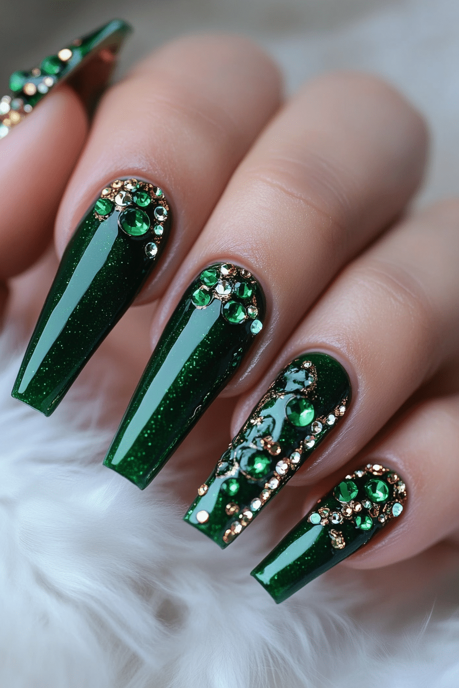 2. Emerald Enchantment Coffin Nails (Bling Nail Design Ideas) - Bling Nail Design Ideas