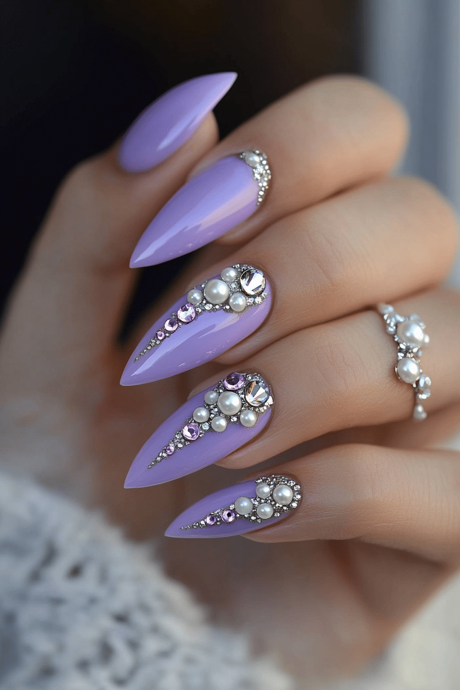5. Lavender Luxe with Pearl Accents (Bling Nail Design Ideas) - Bling Nail Design Ideas