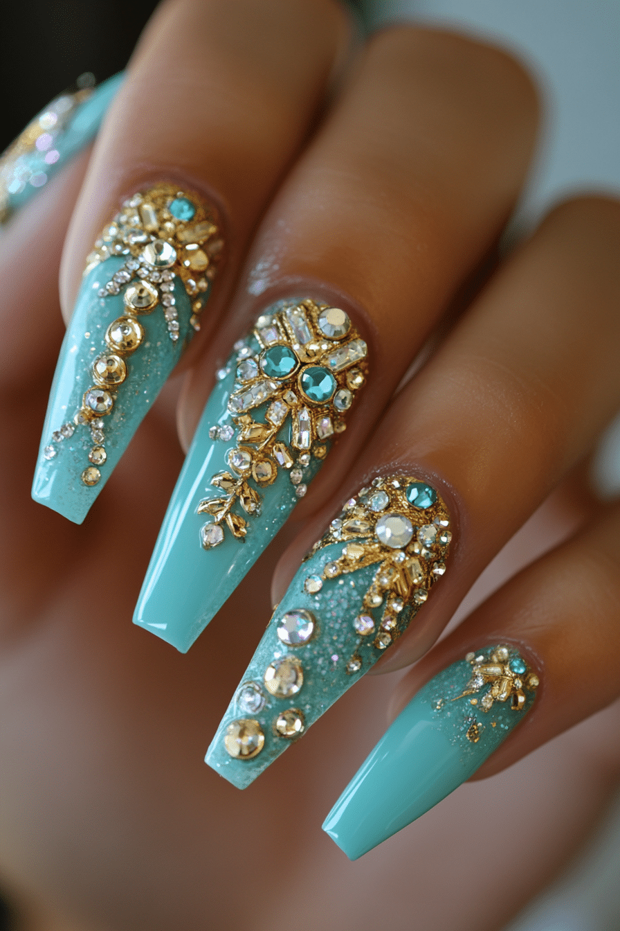 10. Turquoise Treasure Coffin Nails (Bling Nail Design Ideas) - Bling Nail Design Ideas