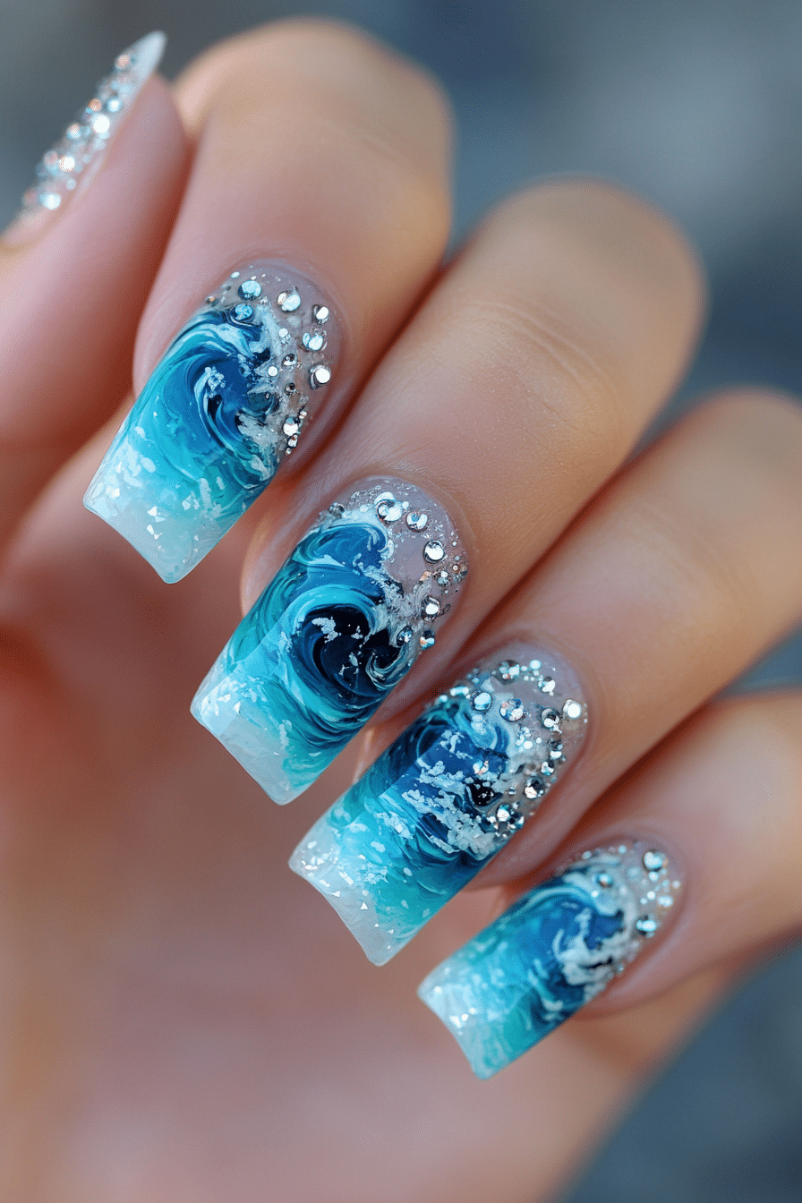 14. Ocean Wave Crystal Ombré (Bling Nail Design Ideas) - Bling Nail Design Ideas