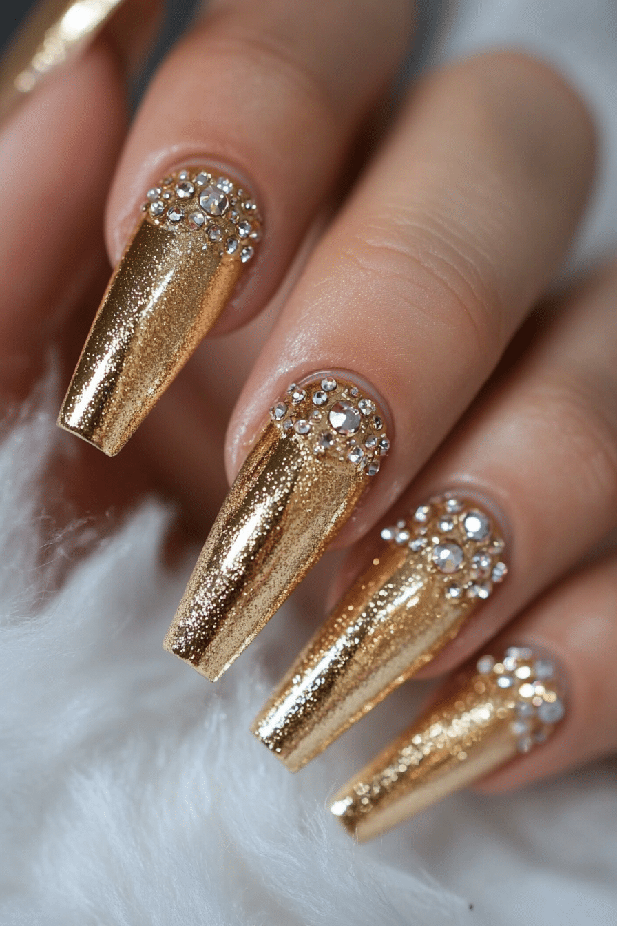 15. Golden Goddess with Rhinestone Tips (Bling Nail Design Ideas) - Bling Nail Design Ideas