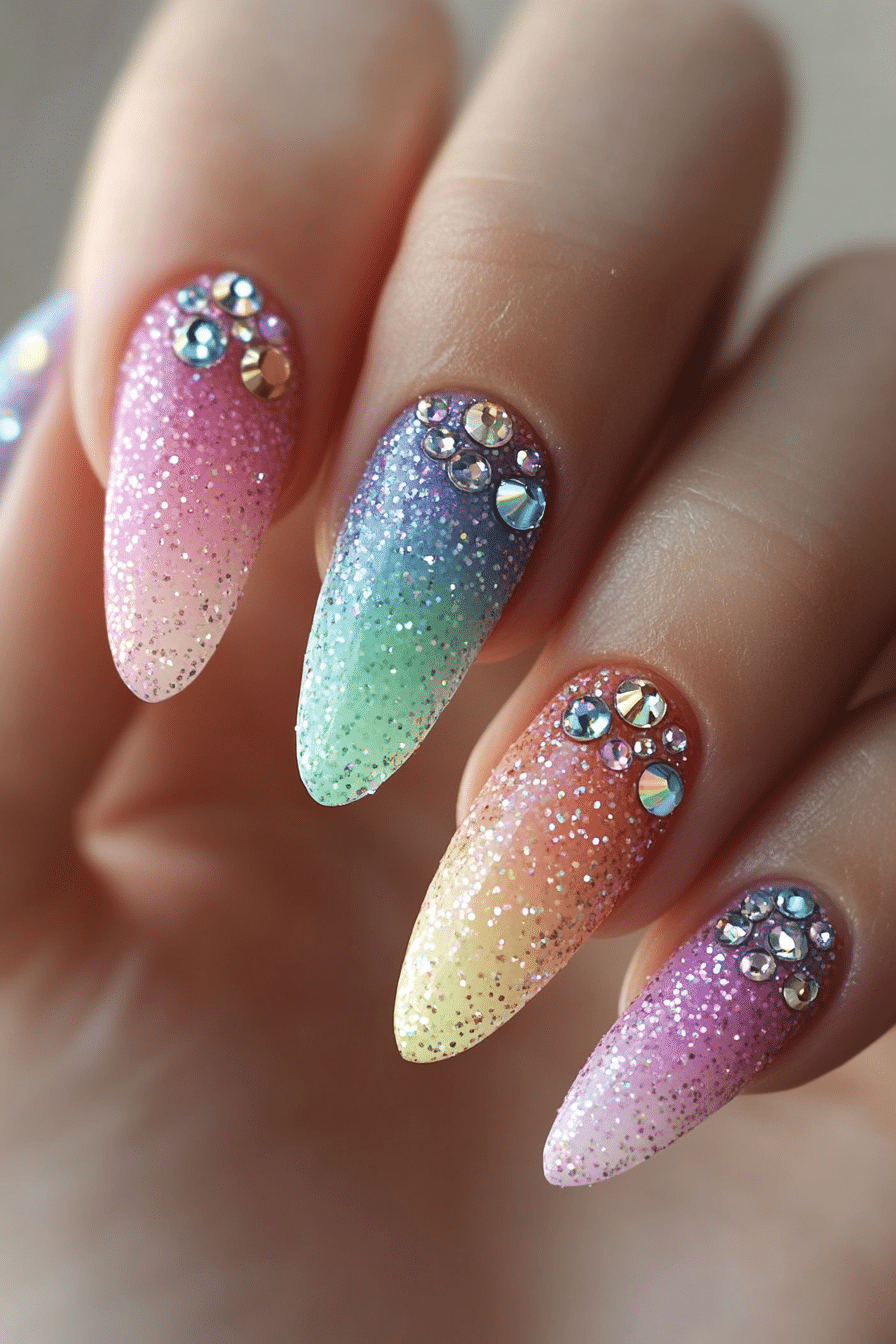 16. Pastel Rainbow Glitter Shine (Bling Nail Design Ideas) - Bling Nail Design Ideas