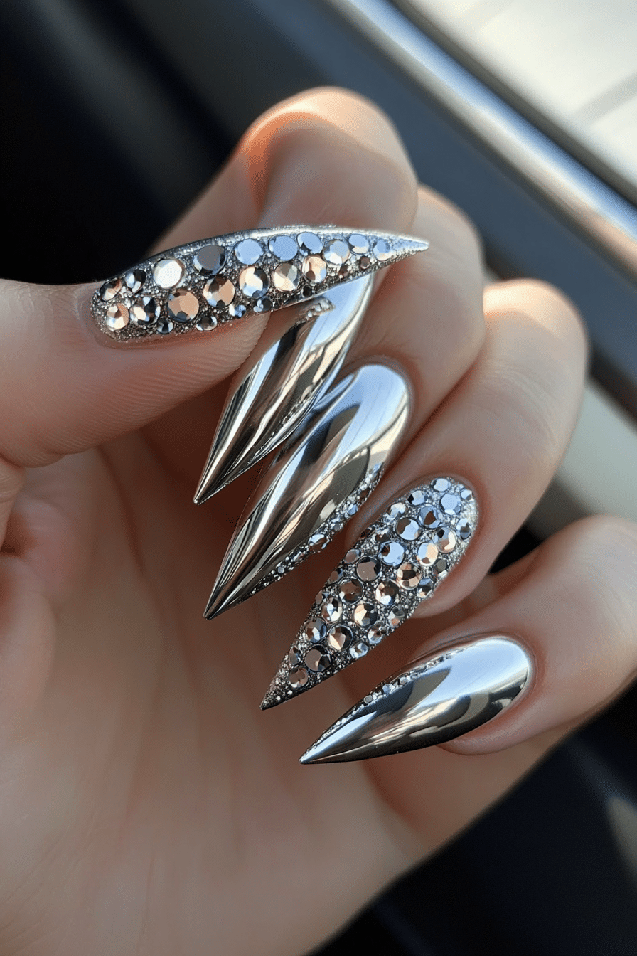 19. Futuristic Chrome Silver Stiletto (Bling Nail Design Ideas) - Bling Nail Design Ideas