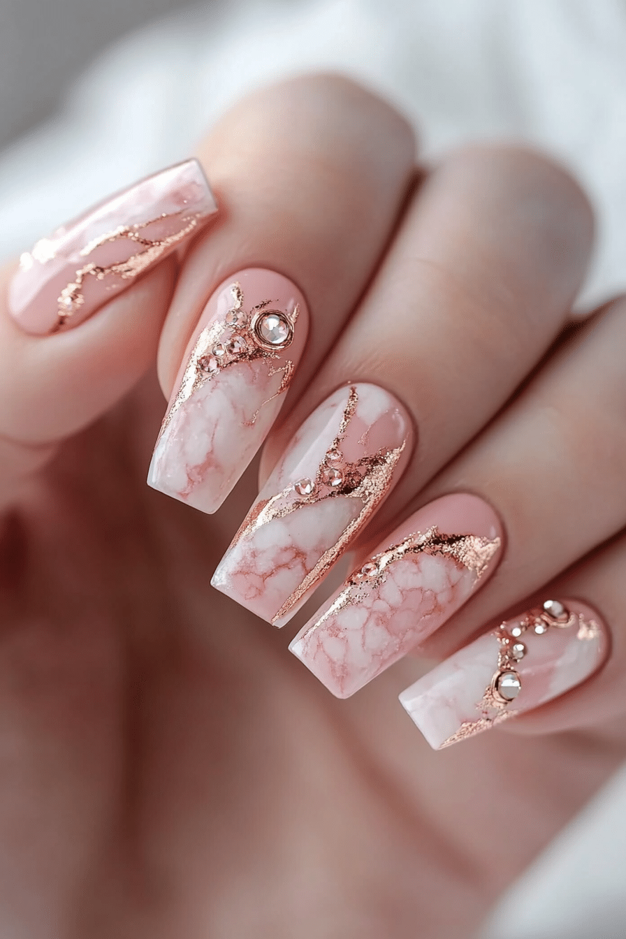 22. Rose Quartz Marble Glam (Bling Nail Design Ideas) - Bling Nail Design Ideas